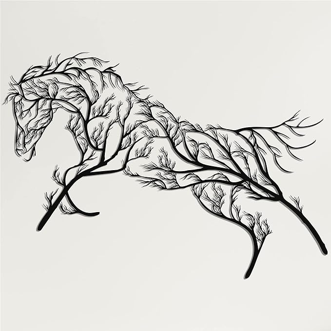 Metal Wall Art Geometric Horse and Tree Decor, Home Office Decoration Entryway Bedroom Living Room Décor, Wall Hangings, Horse Sign, Farmhouse Décor (30"W x 16"H / 75x40cm)
