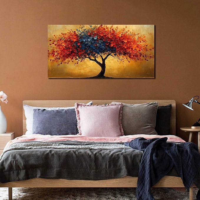 CANEITO Tree Wall Art for Living Room, Red Blue and Gold Wall-Decor for Bedroom, Natural Canvas Prints Pictures for Hallway Office, Size 40x20 Inches