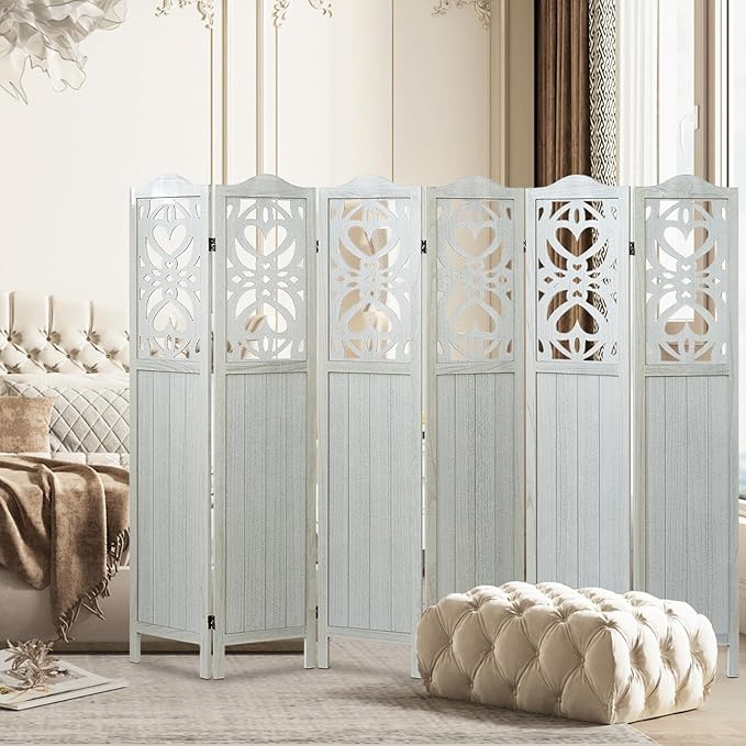 6 Panel Wood Room Divider 5.6Ft Carved Room Divider and Folding Privacy Screen, Minimalism Portable Partition Screen Divider for Room Separation, Room Decoration for Home Office - White