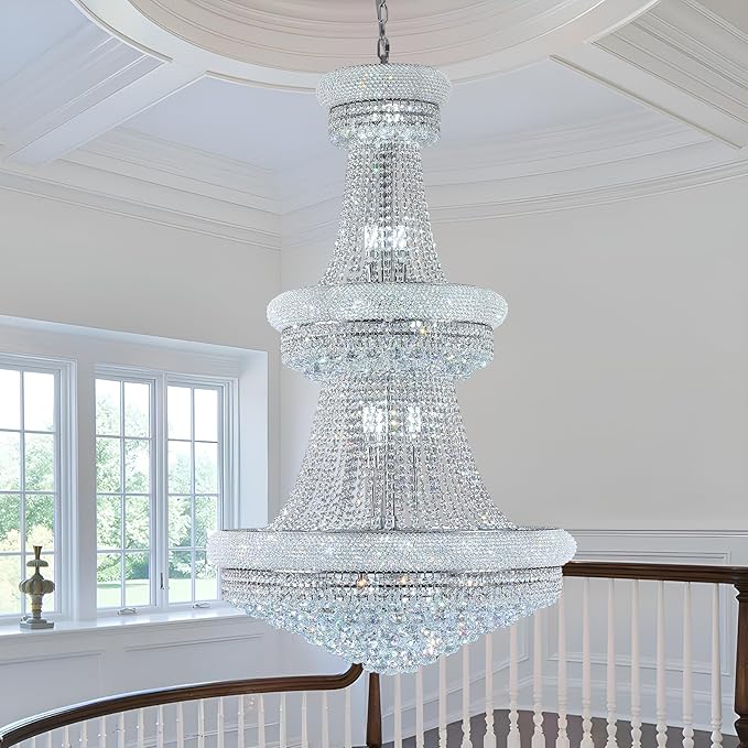 31 Lights Chrome Finish Large Empire Crystal Chandelier - Three-Tier, High Ceiling Chandelier Light fixtures for Foyer Staircase Living Room Entryway (Dia 32'')