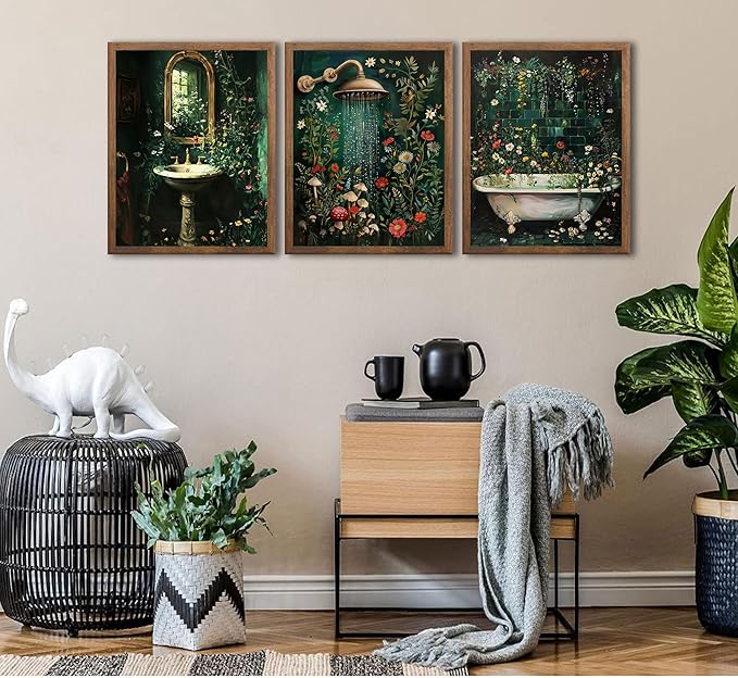 3pcs Green Botanical Bathroom Canvas Wall Art Washbasin Shower Baths Floral Poster Print Paintings Rural Dark Green Wildflowers Bathroom Picture Wall Decor for Laundry Room Bathroom Home Decoration