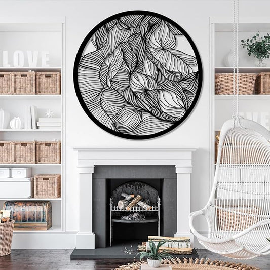 Abstract Lines Metal Wall Decor, Round Metal Wall Art, Line Art Wall Decor, Metal Abstract Wall Art, Metal Irregular Wall Hanging, Geometric Art, Metal Wall Art for Living Room (Black, 30"x30"/76x76cm, metal wall art)