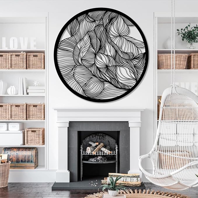 Abstract Lines Metal Wall Decor, Round Metal Wall Art, Line Art Wall Decor, Metal Abstract Wall Art, Metal Irregular Wall Hanging, Geometric Art, Metal Wall Art for Living Room (Black, 39"x39"/100x100cm, metal wall art)