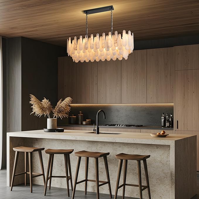 Chandeliers for Dining Room, L47.2 in Modern Alabaster Rectangle Black Chandelier, 4-Tiers Luxury Natural Stone Ceiling Light Fixture, White Marble Chandeliers for Kitchen Island Living Room Bedroom