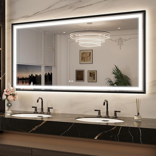 Keonjinn 72 x 36 Inch LED Mirror for Bathroom Large, Black Frontlit & Backlit Bathroom Mirror, HD Shatter-Proof Tempered Glass, UL Listed LED Driver, Beveled Framed, 3 Color Lights, Dimmale, Anti-Fog