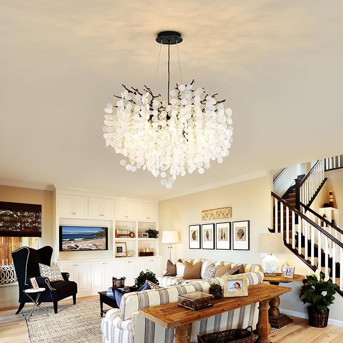 24-Inch Black Tree Branch Chandelier, 8-Light Modern Coastal Chandelier, Round Crystal Dining Room Light Fixtures for Foyer Entryway Stairwell, Bathroom Chandeliers Over Tub, E12