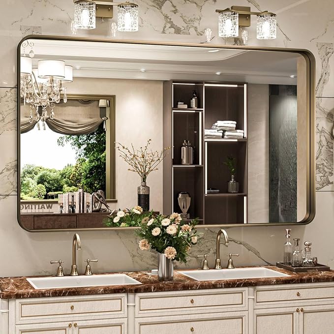 Bronze Bathroom Mirror 55x36 Inch, Brushed Bronze Metal Frame Mirror for Wall, Rounded Rectangle Bathroom Vanity Mirror with Tempered Glass, Anti-Rust, Horizontal/Vertical