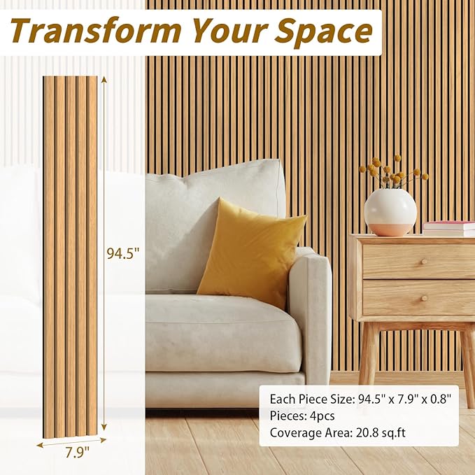 4-Piece Acoustic Wood Wall Panels for Wall and Ceiling, 3D Fluted Soundproof Wood Slat Wall Panels for Interior Wall Decor, 94.5" x 7.9"-Warm Teak