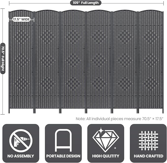 6 Panel Room Divider,6Ft Folding Privacy Screen,Tall - Extra Wide Foldable Panel Partition Wall Divider with Diamond Double-Weaved Hand-Woven Design Room Screen Divider