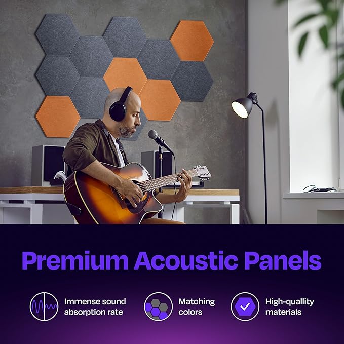 Acoustic Panels 12-Pack - 12"X10.4"X0.4" Sound Panels - High Density Sound Dampening - Pebble Gray Hexagon