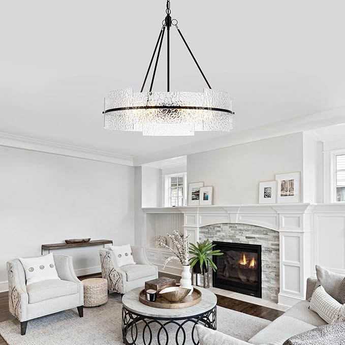 MAYNA Modern Dining Room Chandelier 25.6” Black Textured Glass Chandelier Luxury Drum Crystal Light Fixture Farmhouse Round Hanging Lighting for Dining Room Kitchen Island Living Room Hallway Bedroom