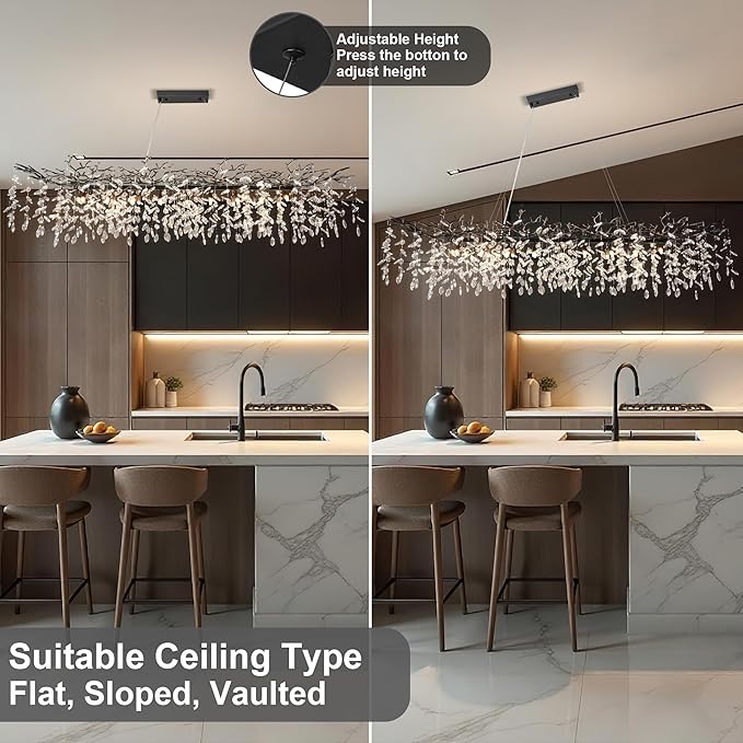 71" Black Crystal Chandelier, 20-Light Modern Tree Branch Chandelier, Luxury Rectangular K9 Crystal Raindrop Chandeliers for Dining Room Kitchen Island Living Room, Contemporary Pendant Light Fixture