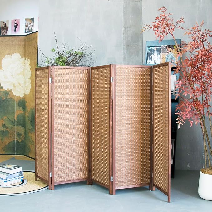 5 Panel Room Divider Short Folding Screen Divider,Double Sided Bamboo Panel Divider for Room Separation,Brown,47.2" H x 76.75" W