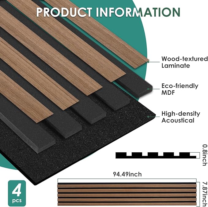 4-Piece Wood Slat Acoustic Panels for Stylish Interior Decor & Noise Reduction - 94.5" x 7.9" 3D Solid Wood Wall Panels for Ceiling and Wall, Covers 20.66 Sq Ft, Walnut