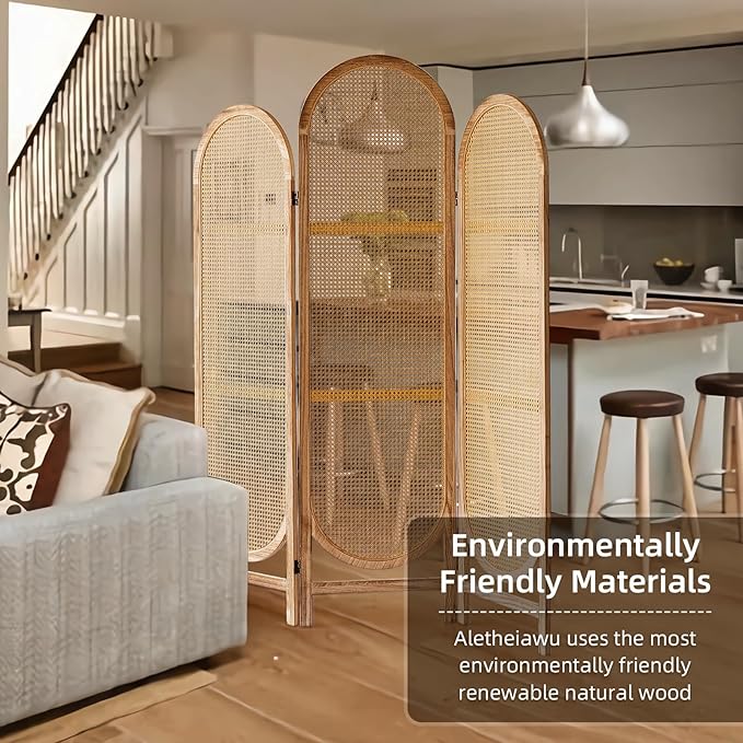 5.9 Ft Tall 3 Panel Room Divider Screen, Foldable Wooden Room Divider Panel, Folding Privacy Screen Made of Hand-Woven Rattan, Portable Wall Divider for Room Separation HomeOffice - Natural