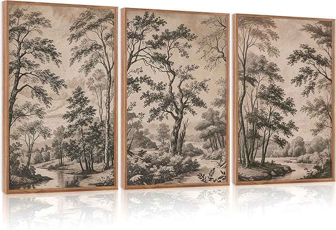 CHDITB Vintage Forest Framed Canvas Wall Art Set, Nature Tree Botanical Wall Decor，Scenic Art Spiritual Wall Painting, Neutral Artwork Wilderness Art Prints for Living Room Bedroom Office 16"x24"x3