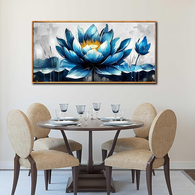 Ouzzlie Lotus Wall Art Blue Wall Decor Flower Painting Gray Canvas for Bedroom Modern Art 24" x 48"
