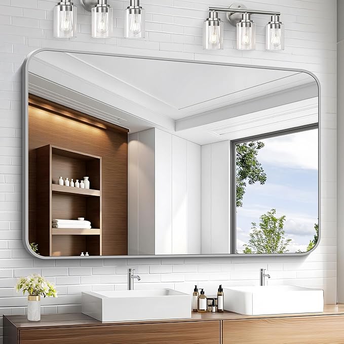 KOCUUY Silver Bathroom Mirror, 55x36 Inch Large Bathroom Mirror for Over Sink, HD Tempered Glass, Anti-Rust Brushed Silver Frame, Rounded Corner Modern Design for Bathroom, Hang Horizontal/Vertical