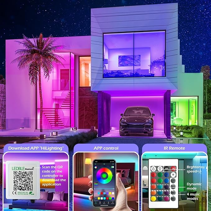 41FT Led Strip Lights,Long Smart Led Light Strips Music Sync 5050 RGB Color Changing Rope Lights,Bluetooth APP/IR Remote/Switch Box Control Led Lights for Bedroom,Home Decoration,Party,Festival
