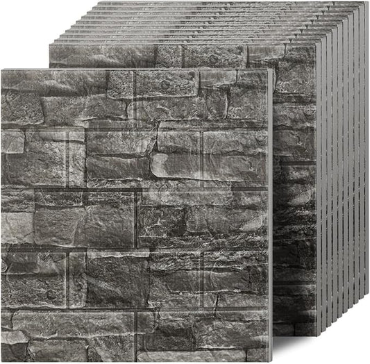 3D Wall Panels Peel and Stick in Black Grey Stone, 10 PCS XPE Foam 3D Wallpaper, Textured Faux Brick Wall Panels for Bedroom, Stairs, Kitchen