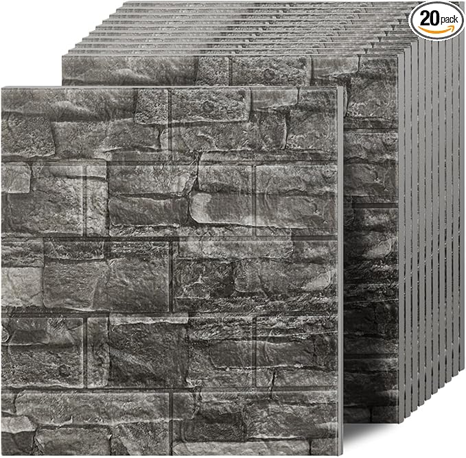 3D Wall Panels Peel and Stick in Black Grey Stone, 20 PCS XPE Foam 3D Wallpaper, Textured Faux Brick Wall Panels for Bedroom, Stairs, Kitchen