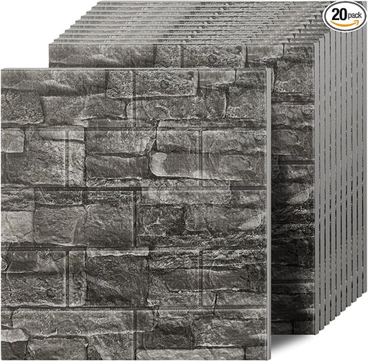 3D Wall Panels Peel and Stick in Black Grey Stone, 20 PCS XPE Foam 3D Wallpaper, Textured Faux Brick Wall Panels for Bedroom, Stairs, Kitchen