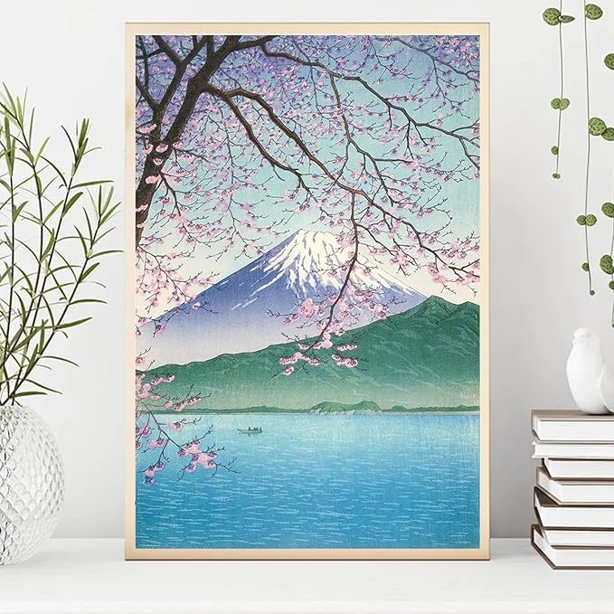 OZCONO Japanese Mount Fuji Wall Art Print, Cherry Blossom Lake Scene, UV-Resistant Gallery Quality Giclée Print, Unframed (Unframed) (36L x 24W)