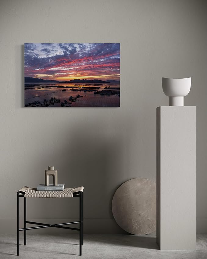 Oriental Beauty: Stunning Feng Shui Landscape Wall Art Prints for Home Decor in 3 Sizes (Serene Sunset Over a Coastal Fishing Village, 24" x 36")