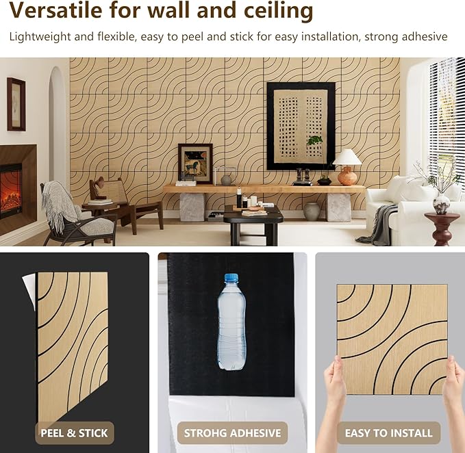 4 Packs Acoustic Wall Panels - Self-Adhesive 3D Wood Slat Wall Panel- Peel and Stick Sound Absorbing Panels for Noise Reducing - Feature Wall Decor for Home & Office