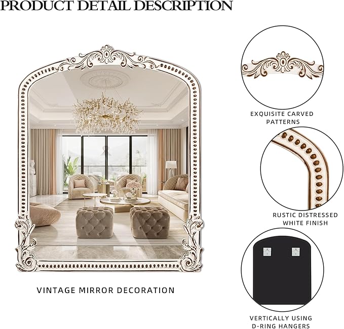 30x35 Inch Baroque Farmhouse Arched Wall Mirror Wooden, Rustic Distressed Decorative Mirrors for Fireplace, Living Room, Bedroom, Entryway, Bathroom