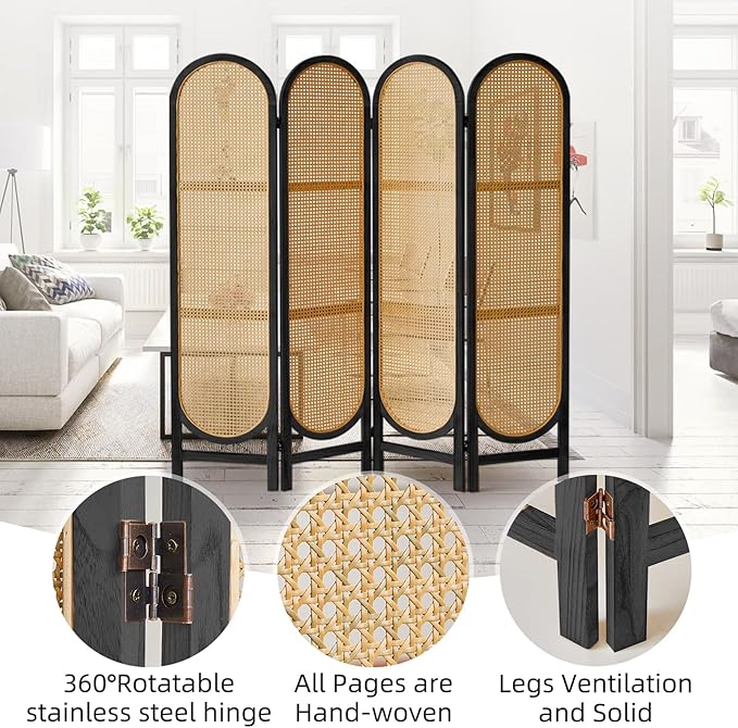 4 Panels Room Dividers and Hand-Woven Rattan Room Divider Wall, Wood Room Divider Folding Privacy Screens for Home Office Bedroom, Black