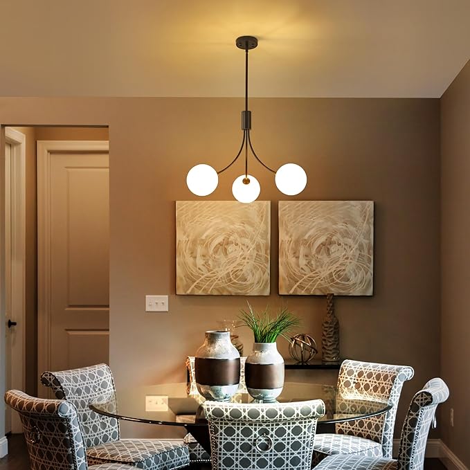 3-Light Modern Farmhouse Black Chandeliers for Entryway, Mid Century Milk Globe Sputnik Chandelier, Vintage Pendant Lighting for Kitchen Island Dining Room Foyer Bedroom Bathroom