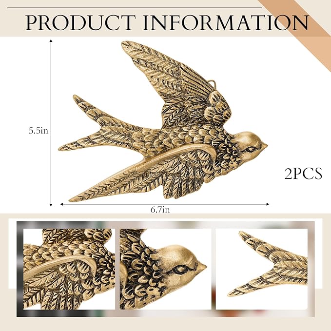 2 Pcs Vintage Bird Wall Sculpture Decor Art 6.7 Inch Antique 3D Sculpted Hanging Bird Resin Wall Art Golden Brass Rustic Floating Ornament for Living Room Garden Indoor Outdoor, Gift for Christmas