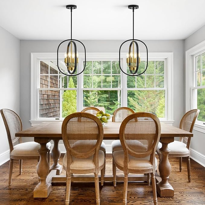 12.2'' Black and Gold Farmhouse Chandelier 4 Light Fixture for Dining Room, Kitchen Island & Entryway, Adjustable Industrial Rustic Geometric Hanging Chandelier for Living Room, Foyer, Hallway