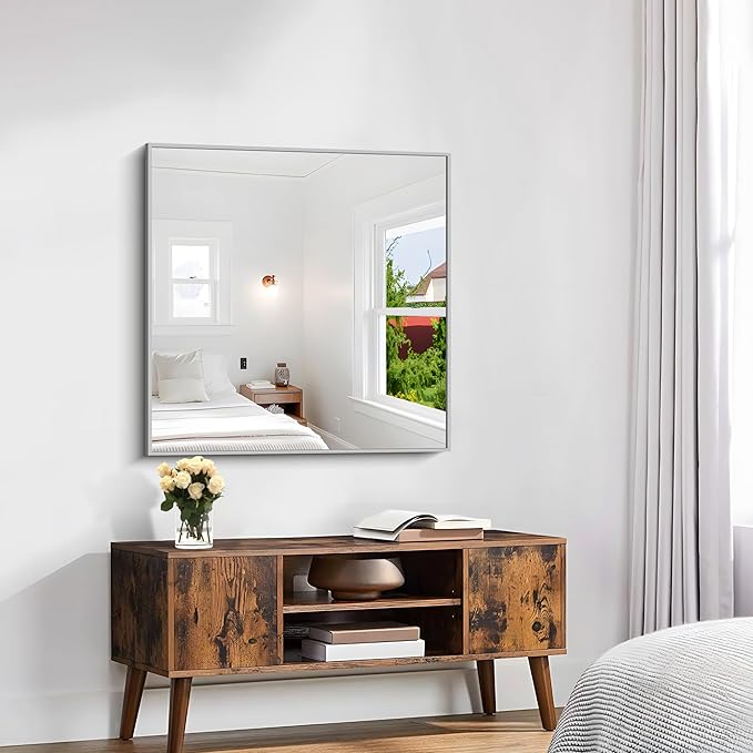 KOCUUY Silver Framed Mirror, 30"x30" Rectangle Bathroom Mirror for Wall, HD Tempered Glass, Anti-Rust Brushed Silver Frame, Modern Design for Bathroom, Bedroom, Living Room, Entryway