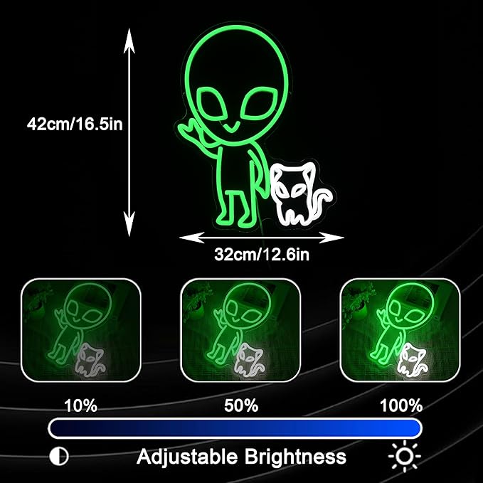 Alien Cat Neon Sign Dimmable Weird Alien Neon Light Wall Decor 5V USB Powered Cute Cat LED Light Sign for Bedroom Living Room Game Room Man Cave Bar Party Cafe Boys Girls Gift(16.5 * 12.6In)