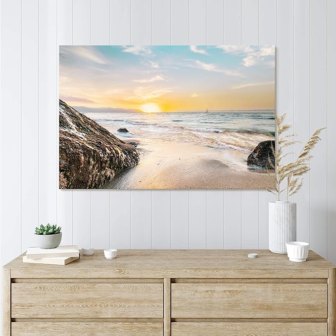Coastal Canvas Wall Art Picture: Bathroom Beach Ocean Scene Print Seascape Sea Sunset Artwork Seaside Sailboat Rock Seashore Painting for Home Living Room Decorations 36 x 24 Inch