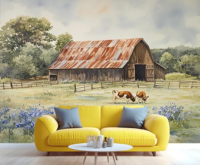 Oak Grove Mural Wallpaper, Vintage Farm Murals, Modern Watercolor Wall Art Murals Wallpaper for Living Room Bedroom Home Decor Mural - 55" W x 28" H (Not Peel Stick)