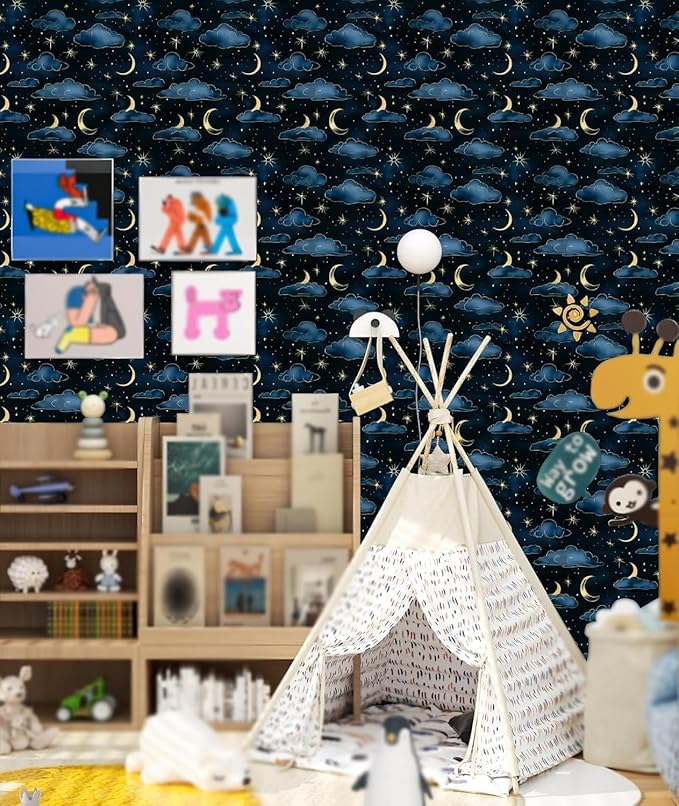 Cloudy Starry Night Peel and Stick Wallpaper Vintage Green Leaf Contact Paper Dark Floral Wall Mural Home Vinyl Waterproof Self Adhesive Removable Renter Friendly Wall Paper 17.5" x 393"