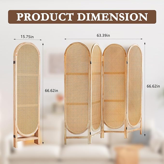 4 Panels Room Dividers Panel, Hand-Woven Rattan Room Divider Wall, Wood Room Divider and Folding Privacy Screens, Freestanding Room Partitions Screen for Home Office Bedroom, Light Brown