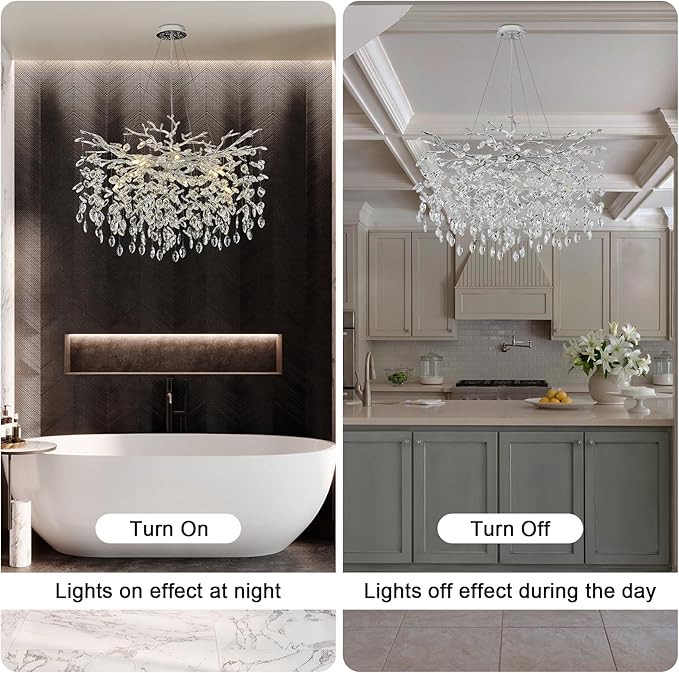 Modern Crystal Chandeliers for Dining Room, 24" Silver Tree Branch Chandelier 8 Lights Kitchen Island Lighting Round Hanging Pendant Light Fixtures Embossed Chandelier for Living Room Foyer