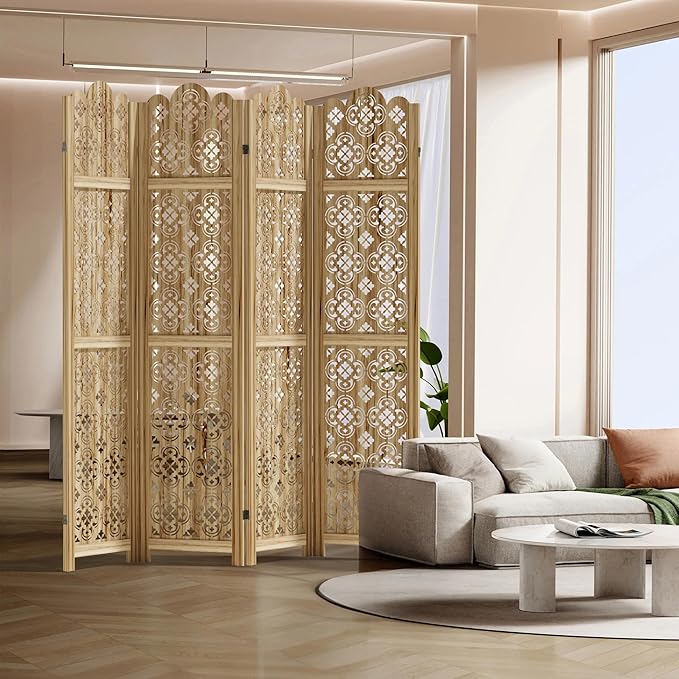 Casaphoria 4 Panels Room Divider, Folding Screen Room Divider with Copper Coin Pattern for Home Office, Restaurant and Bedroom, Paulownia Wood, 66" W x 67" H (Natural)