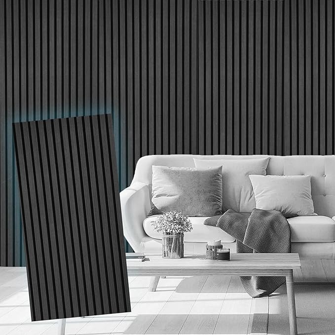 4-Piece Wood Slat Acoustic Panels for Stylish Decor and Noise Reduction, 3D Textured Panel for Ceiling and Wall - Black Oak (47.2 L x 23.6 W in)