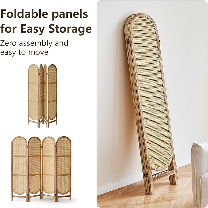 4 Panels Room Dividers and Hand-Woven Rattan Room Divider Wall, Wood Room Divider Folding Privacy Screens for Home Office Bedroom, Light Brown