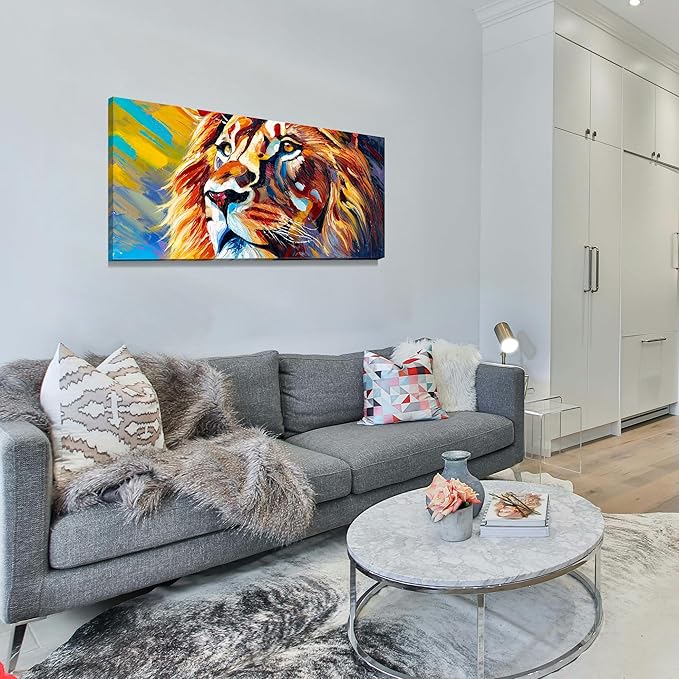 AmoyArt Lion Canvas Wall Art for Living Room, Animal Wall-Decor for Bedroom, Colorful Print Picture for Home, Size 48x24 Inches