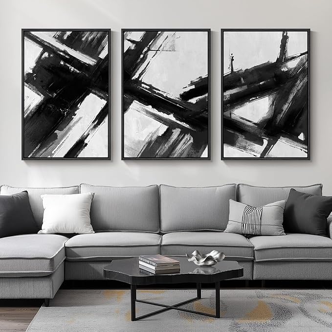 Large Framed Black and White Abstract Canvas Wall Art for Living Room, 3 Piece Modern Prints Paintings Artwork for Walls, Minimalist Abstract Brushstroke Pictures for Hallway Dining Office Wall Decor 24x36 Inch