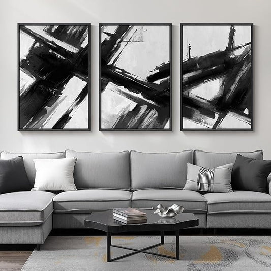 Large Framed Black and White Abstract Canvas Wall Art for Living Room, 3 Piece Modern Prints Paintings Artwork for Walls, Minimalist Abstract Brushstroke Pictures for Hallway Dining Office Wall Decor 24x36 Inch