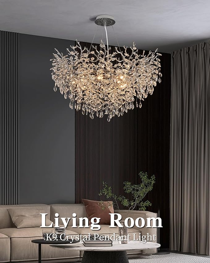 Modern Crystal Chandelier for Dining Room, 39.5" Chrome Tree Branch Chandeliers, 12-Light Luxury K9 Crystal Round Chandeliers for Kitchen Island Living Room