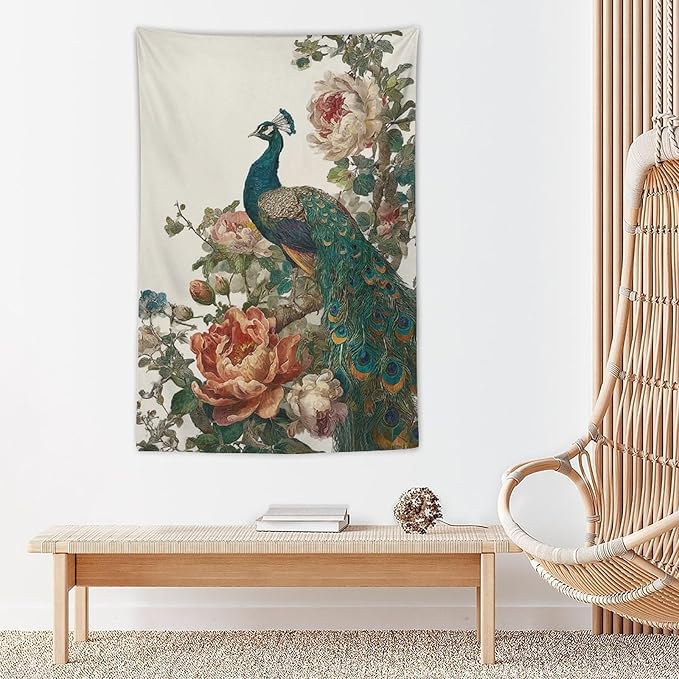 UUKXKUU Peacock Oriental Retro Blooming Flowers Tree Tapestry Flag Backdrop Wall Hanging Large Wall Art Decor for Dorm Office Bedroom Living Room 40"×60"