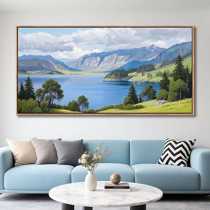 Landscape Wall Art for Living Room - with Mountain and Lake Scenery Pictures Wall Decor Large Canvas Wall Art, Forest and Nature Wall Decor for Bedroom, Green Artwork Prints for Above Bed 29×58IN